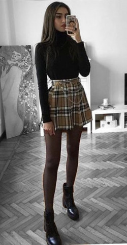 Yellow and black outfit ideas with skirt, tartan, dress shirt: 