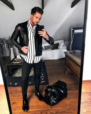 Black outfit inspiration with jacket, leather, dress shirt, leather jacket: 