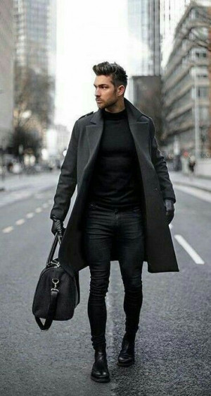 Black turtleneck with overcoat, trench coat: 