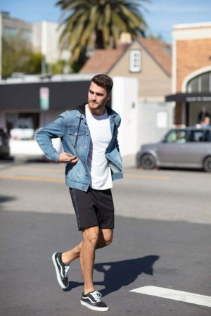 Denim jacket and shorts outfit for men: 