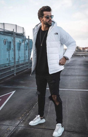 Men's winter fashion. Grey puffer jacket + white singlet + black jeans.  Visit urbanmenoutfits.com f…