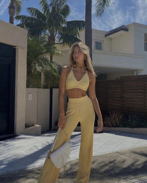 Outfit inspo yellow top, trouser: 