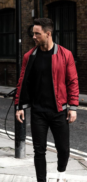 Red jacket outfit men, men's outerwear: 