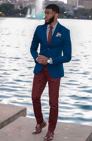 Blue blazer burgundy pants, navy blue: 