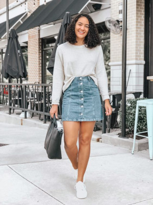 Girl denim skirt white sweater: 