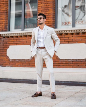 White outfit inspo with jeans, blazer, trousers, dress shirt: 
