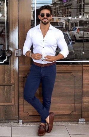 White shirt blue trousers men: 