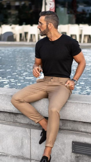 Khaki and black look inspiration with shorts, t-shirt, trousers, dress shirt: 