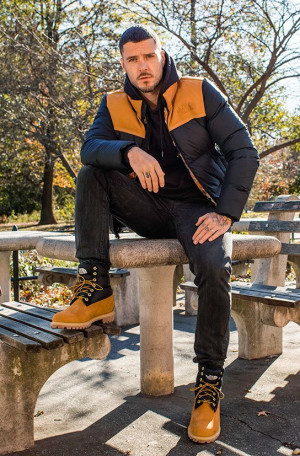 Look inspiration north face timberlands, yellow boots: 