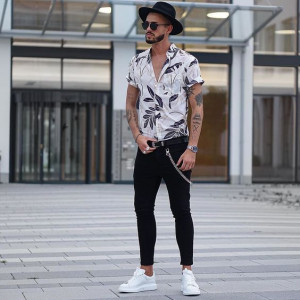 White floral shirt with black jeans: 
