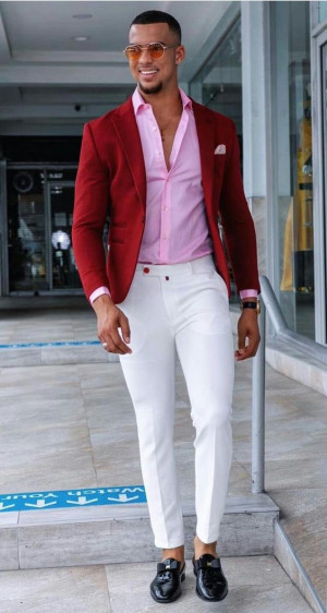 Pink designer outfit with blazer, t-shirt, trousers, dress shirt: 