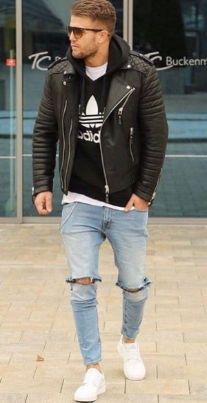 Men leather jacket outfits with hoodie: 