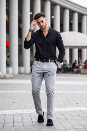 Black Shirt, Interview Outfit Designs With Grey Suit Trouser, Formal ...