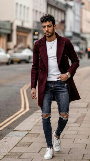 Outfit style with coat, jeans, blazer, overcoat, dress shirt: 