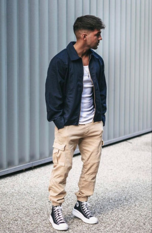 Look inspiration with jeans, t-shirt, trousers, tracksuit, dress shirt: 