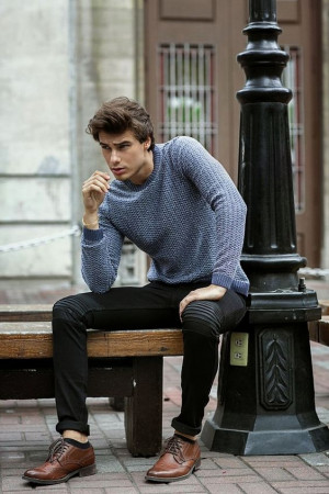 Black jeans and blue sweater: 