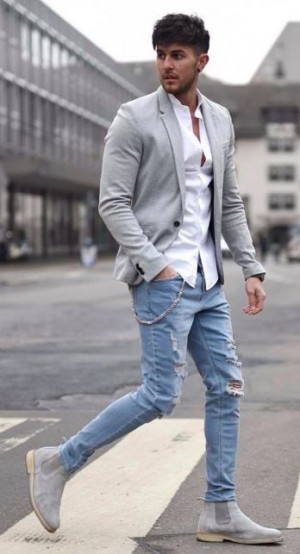 Grey blazer with jeans, online shopping: 