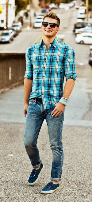 White and blue classy outfit with jeans, tartan, dress shirt: 
