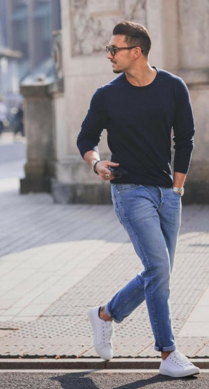 Black Jeans, Stylish Outfit Designs With Beige Sweater, Standing | Men ...