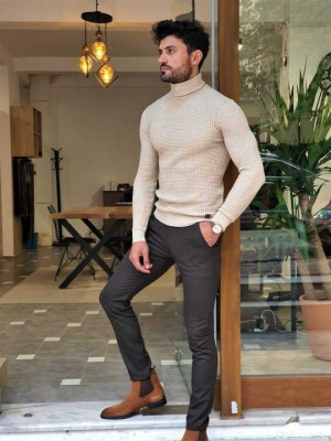 Classy outfit beige turtleneck men, men's clothing: 