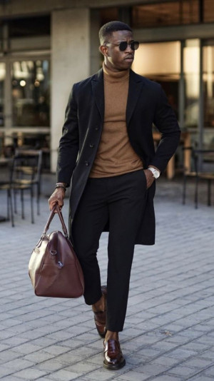 Brown turtleneck black coat, men's style: 