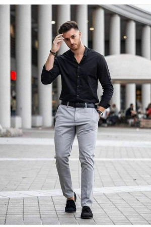 Black shirt grey pants, black shirt: 