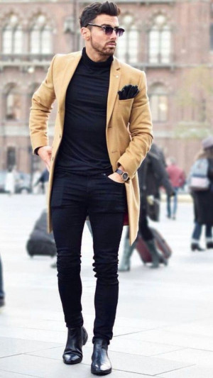 Black turtleneck with brown coat: 