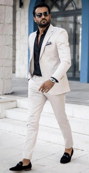 White suit with black shirt: 