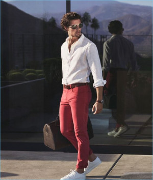 White shirt and red jeans for men: 