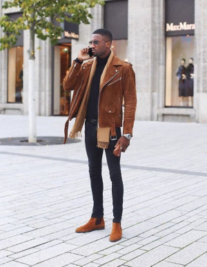 Tobacco suede chelsea boots, leather jacket: 