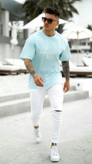 White style outfit with jeans, denim, t-shirt, slim-fit pants: 