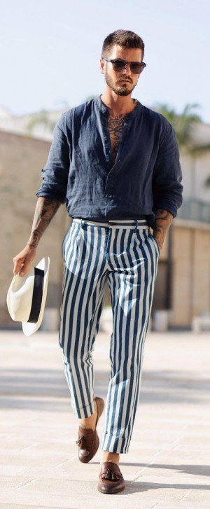 Mens Blue Cotton Linen Pants