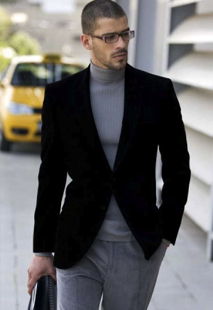 Grey turtleneck black blazer, men's clothing: 