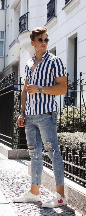 Short sleeve striped shirt outfit mens: 