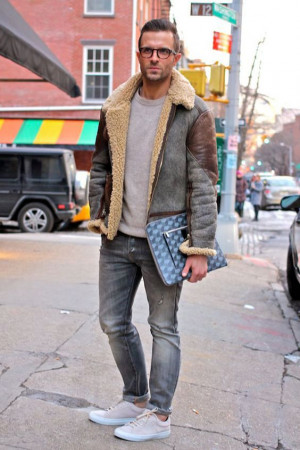 Outfit style mens shearling grey, leather jacket: 