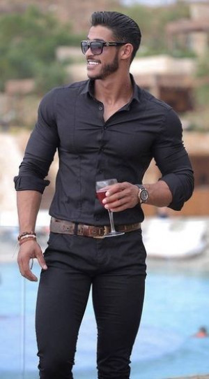 Mens black pants and shirt outfit: 