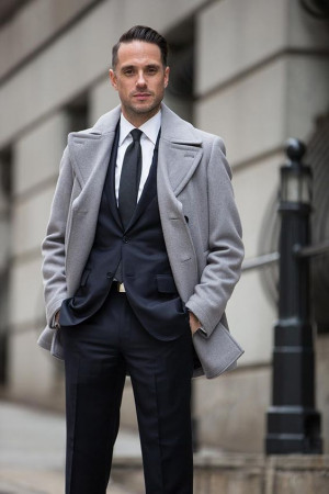Navy suit grey coat, suit trousers: 