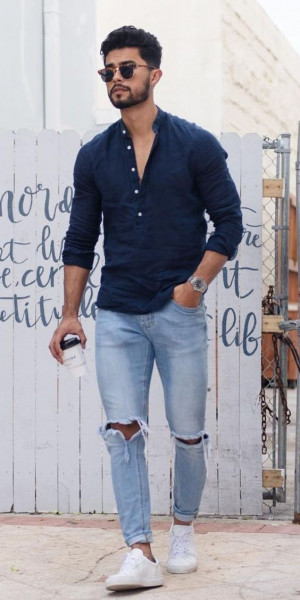 Navy blue and white trendy clothing ideas with jeans, shirt, t-shirt, dress shirt: 