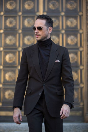 Black turtle neck suit, suit trousers: 