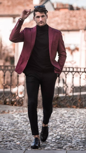 Black turtleneck with maroon blazer: 