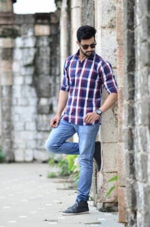 Style outfit with jeans, denim, tartan, dress shirt: 