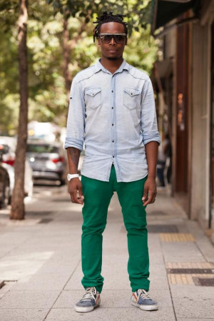 Green attire with jeans, denim, shirt, t-shirt, trousers: 