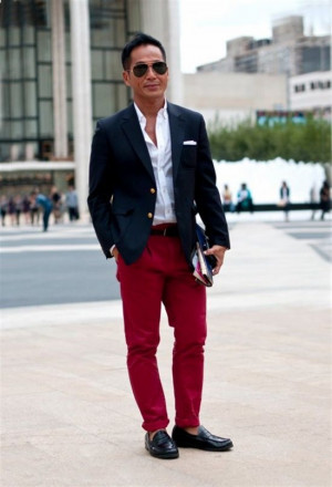 Navy blazer red pants, navy blue: 