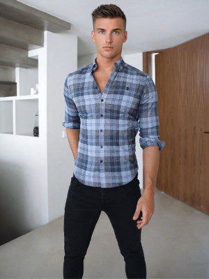 Classy outfit with tartan, t-shirt, trousers, dress shirt: 