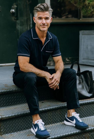 Lookbook dress eric rutherford style ralph lauren corporation, men's style, polo shirt, navy blue: 