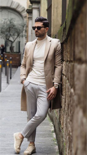 Tan turtleneck outfit men, winter clothing: 