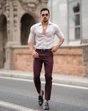 White shirt pant combination, purple jeans: 
