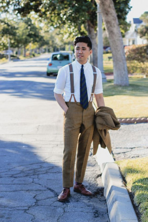 Brown pants with suspenders luggage and bags: 