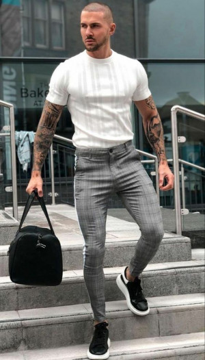 Grey and white fashion collection with business casual, jeans: 