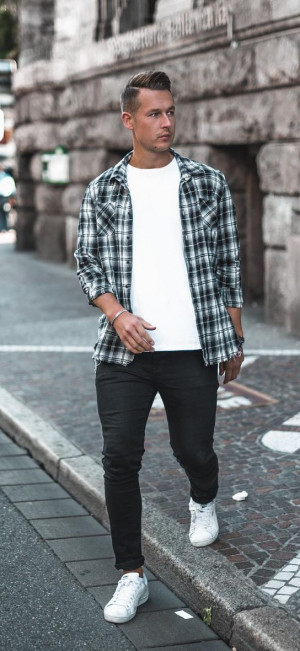 Black and white outfit ideas with jeans, tartan, dress shirt: 